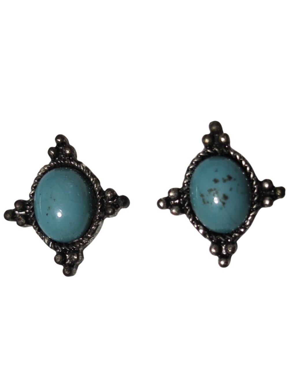 Vintage Turquoise Silver Tone Stud Earrings Oval Stone Southwest Fashion Jewelry